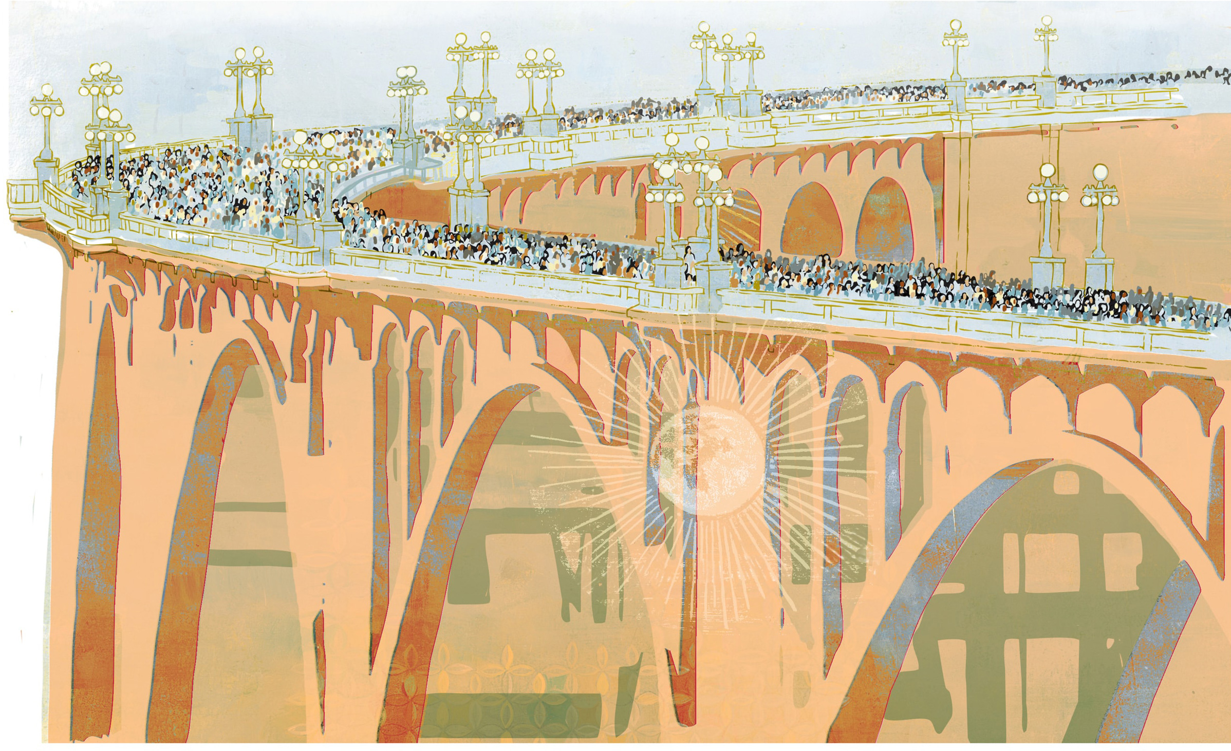 Illustration by Denise Louise Klitsie of the Colorado Street Bridge in Pasadena for FULLER magazine