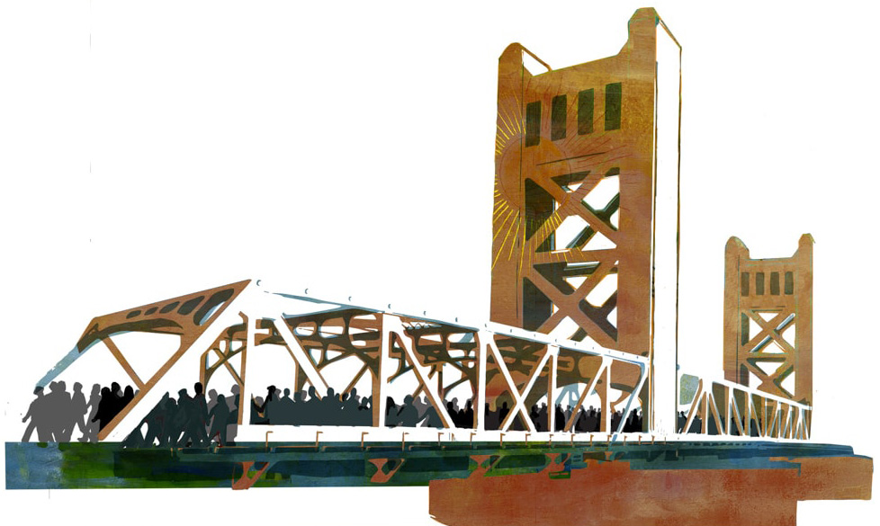Illustration of Sacramento's Tower Bridge by Denise Louise Klitsie for FULLER magazine