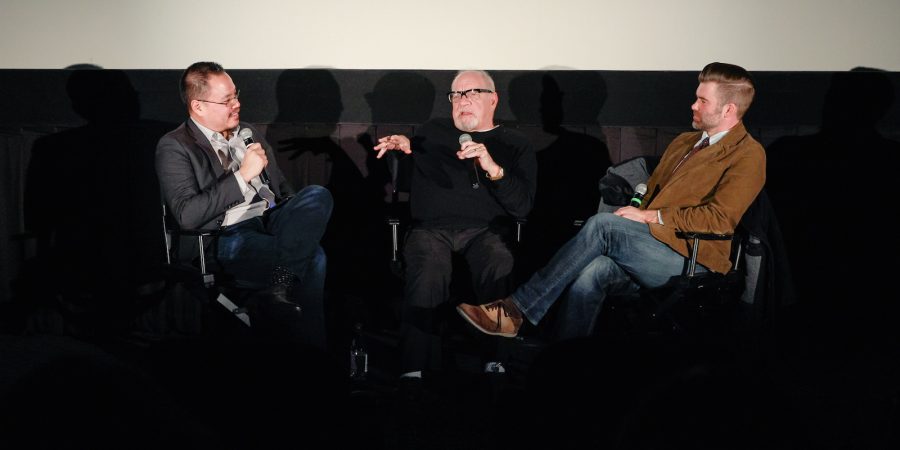 Justin Chang, Paul Schrader, and Kutter Callaway discussing First Reformed