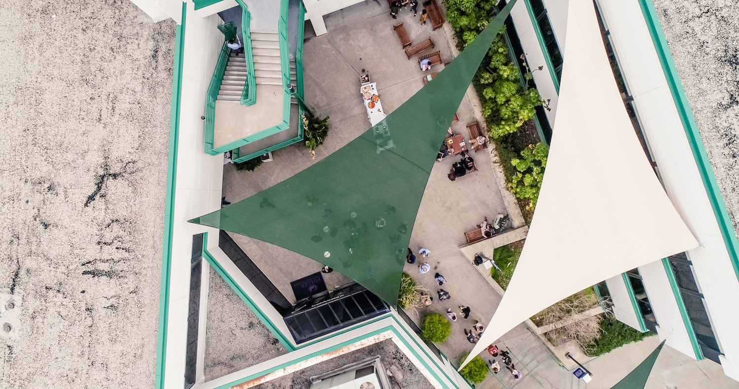 Drone shot of Travis Auditorium for Payton Lectures