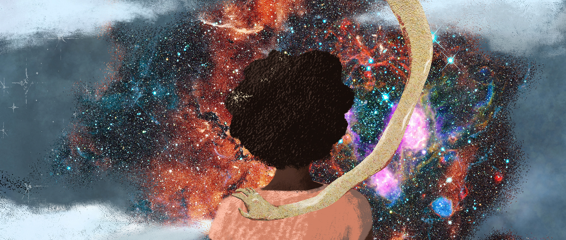 illustration of woman staring at galaxy banner