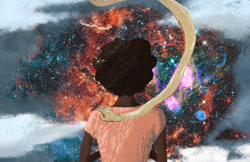 illustration of girl looking at a galaxy of stars